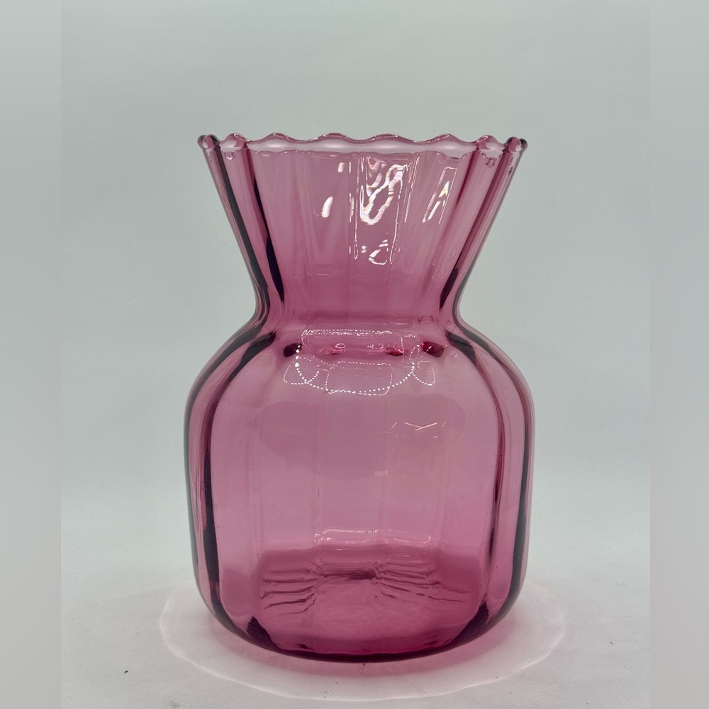 Vintage Pilgrim Cranberry Glass Sack Bag Vase 5.75” Ribbed Ruffled Top